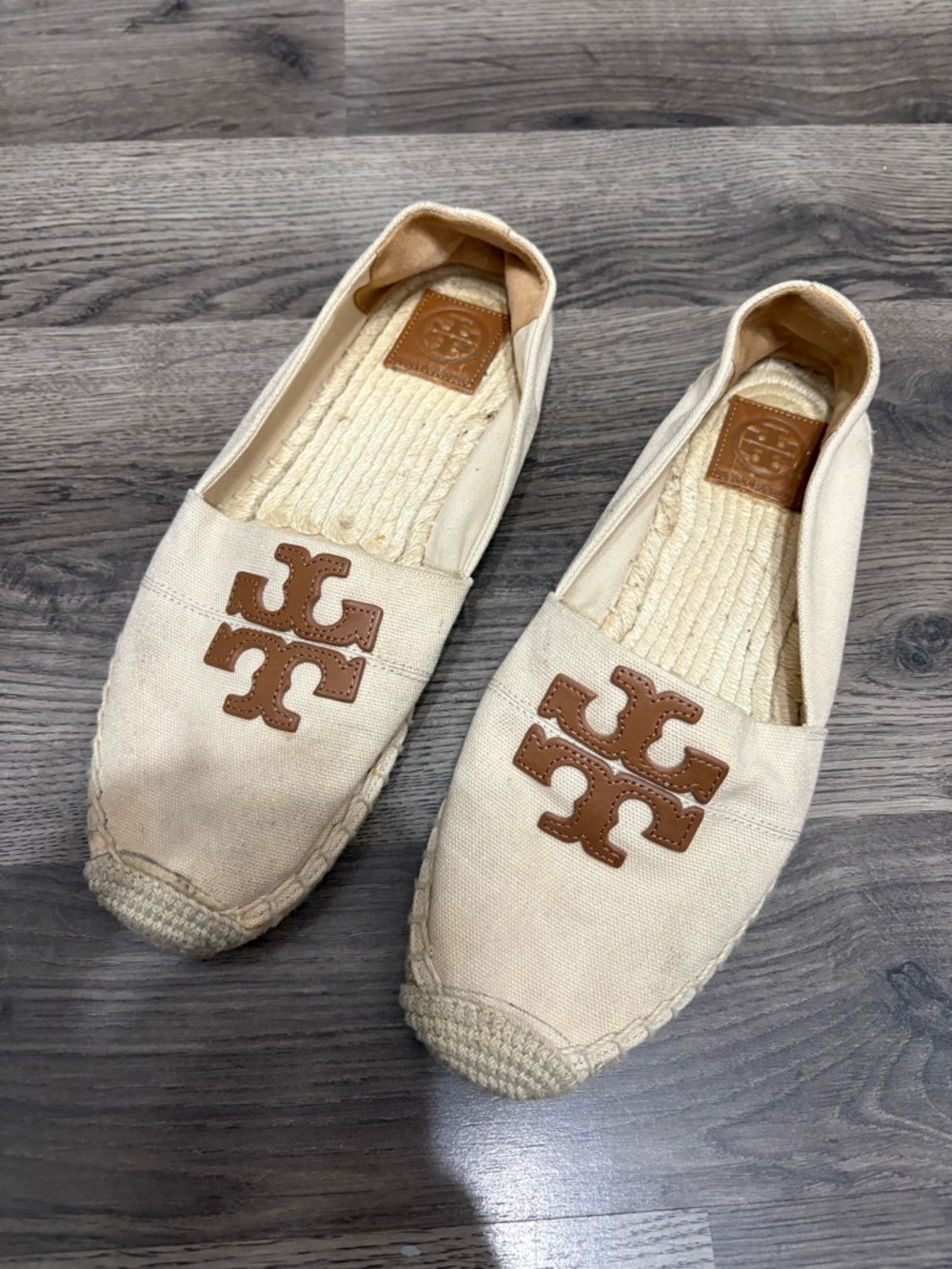 Tory Burch Cream Canvas Espadrilles with Brown Leather Logo